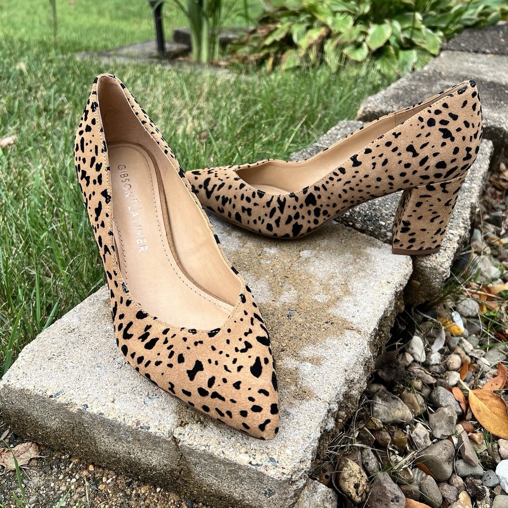 Gibson & Latimer Petra Cheetah Leopard Block Heel Pumps Size 7M Chic Retro Look